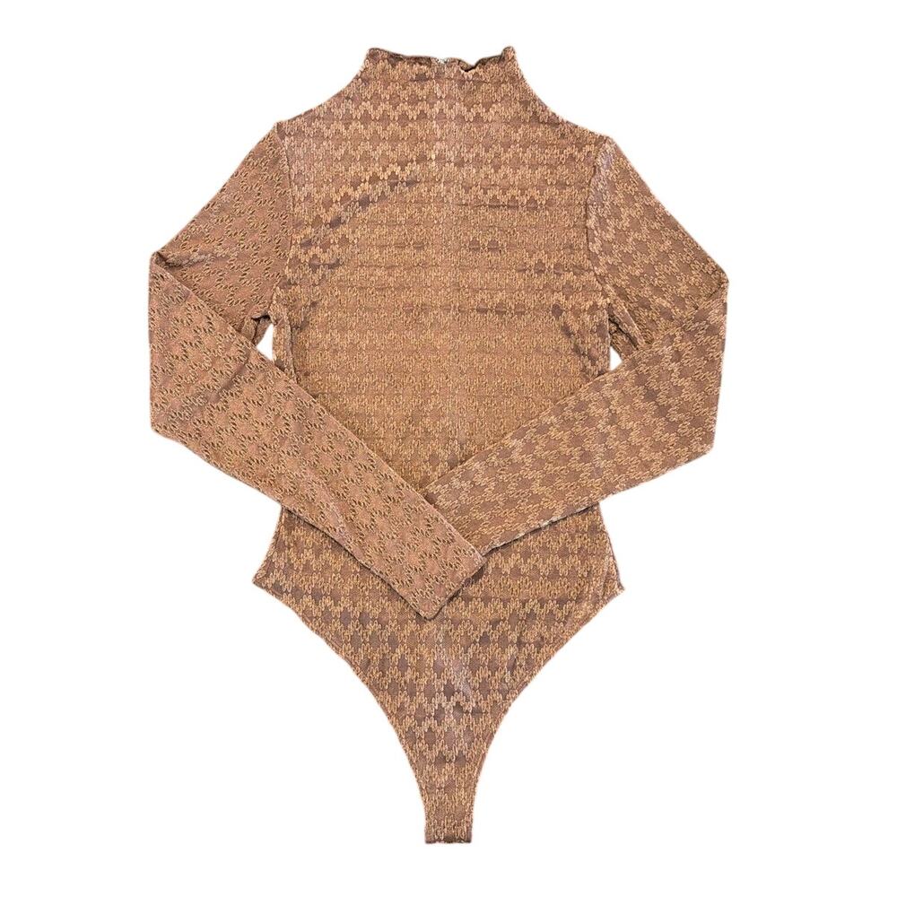 Naked Wardrobe Mesh Bodysuit Brown Mock Neck Bodysuit, Brown, Women's Medium
